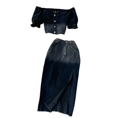 Denim Skirt Mid-length High-waisted Slit A-line Skirt Wrap Hip Skirt Two Sets of High-waisted Short Top