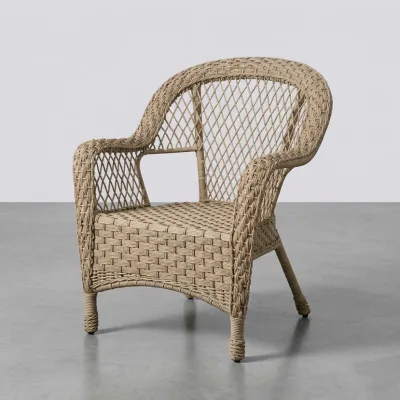 Natural Beige Wicker Armchair with Diamond Lattice Back & Curved Frame