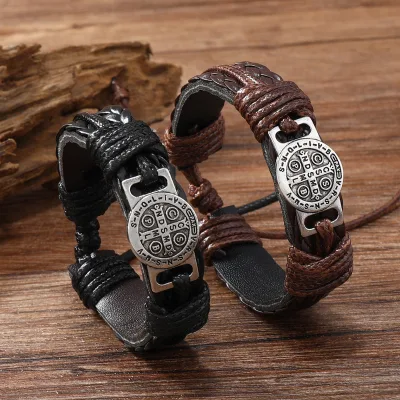 Stylish Unisex Handwoven Zinc Alloy Antique Silver Plated Charm Religious Bracelet Simple Retro Pull Adjustable Hand Cord 18cm