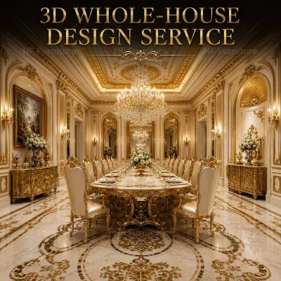 Modern Luxury Villa Living Room Furniture Set Emerald Green Accents Customized Interior Design Professional 3D Modeling
