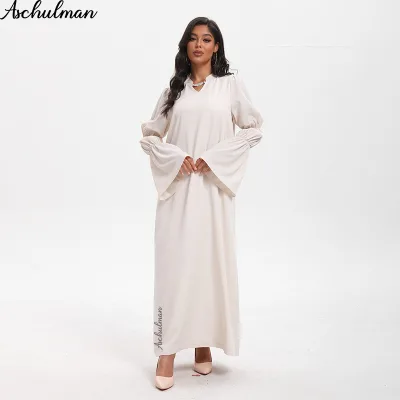 Custom 2026 New Muslim Women Abaya Dress Bell Sleeve V Neck Floor Length Loose Fit Non See Through Women Muslim Modest Dress