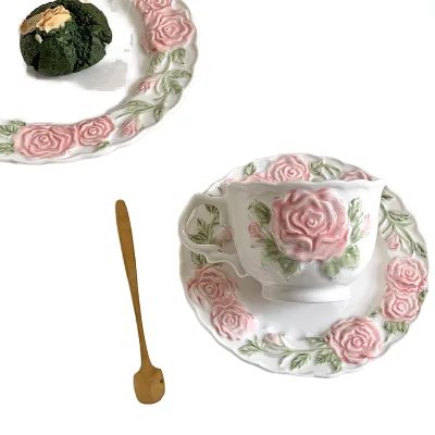 Hot-sale Ins Style Rose Relief Coffee Cup and Saucer pink Underglaze Color Tableware Set Version