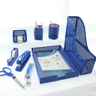 Blue Tone Stationery Set Office Desk Organizer Pen Holder A4 Letter Size Tray Scissors Tape Dispenser Stapler Staple Remover