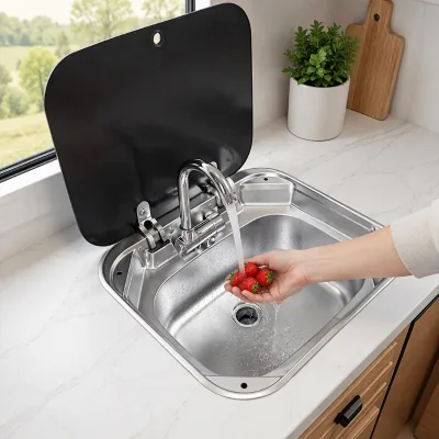 RV4237 304 Stainless Steel Square Single Bowl with Faucet One Hole Modern Design Small Size Satin Finish Counter Kitchen Sink