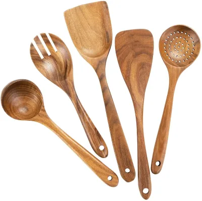 Custom Logo Dark Acacia Teak Wood Kitchen Utensils Set Wooden Handle Spatula & Spoons Accessories Min. Order 2pcs
