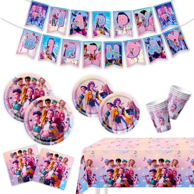 Linda New KPOP Devil Hunter themed birthday party decorations: banners, paper trays, paper cups, napkins, balloons