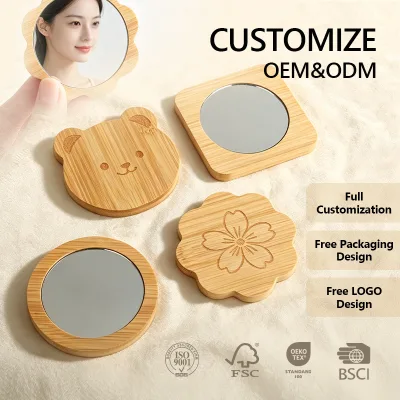 Custom Logo Bamboo Portable Mini Mirror Eco-Friendly Handheld Pocket Mirror in Flower Square Round Shapes for Wholesale