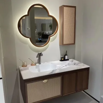 Evereco 2025 Modern Wood Water Resistant Stone Basin Lacquered Finish Apartment Hospital Hotel Use Bathroom Cabinet Lighted