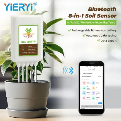 YIERYI Smart Blue-tooth Soil Tester 8-in-1 NPK PH EC Moisture Temperature Fertility Meter Probe for Home Garden Potted
