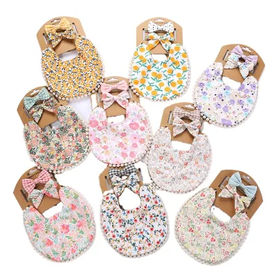 Baby Cotton Drooping Bibs with Bow Headband Set