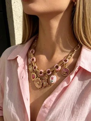 Stainless Steel Enamel Pendant Necklace Pink Floral Heart Multi-Drop Chain Trendy European Style Jewelry for Wome