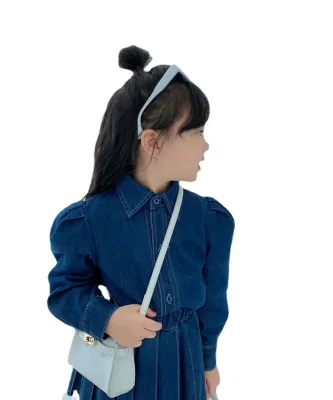 Autumn New Girls' Denim Suit With a Collared Denim Shirt and Pleated Skirt Two-piece Set