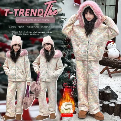 Girls' Suit Autumn Winter 2025 New Korean-style Big Children Velvet Thickened Coat Winter Alpaca Pants Two-piece Set Zipper