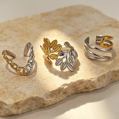 Wholesale Vacuum Plated 18K Gold Plated Two Tone Spliced Irregular Line Band Ring Stainless Steel Women Jewelry