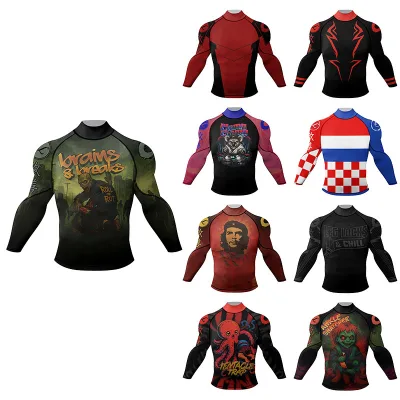 For High Neck MMA Rashguard Rubber Anti-Brazilian Jiu-Jitsu Training Long Sleeve Fitness Shirt Anti-UV UPF50 Breathable