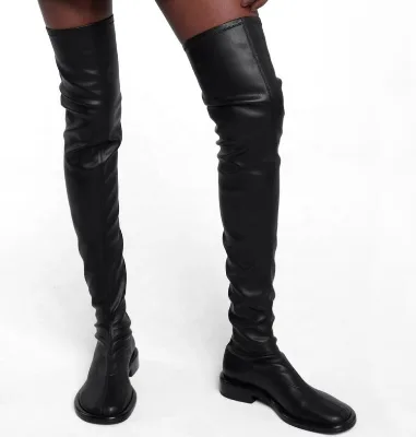 2021 New Style Wholesale Big Round Toe Low Chunky Heel Boots Stretch Fabric Women Over Knee High Heel Black Thigh High Boots