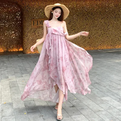 OEM French A-line Long Dress for Vacation with Flowing Ribbons. Beautiful Beach Outfit Beach Dress
