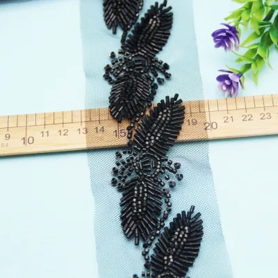 Black White DIY Sewing Lace Fabric With Beaded Leaf Shape Seed Upholstery Veil Ornaments Sequined Edges for Costume Dress up