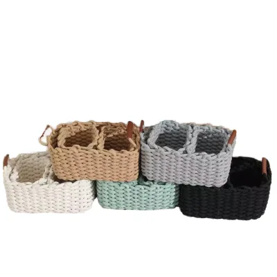 Set of 3 Pieces Woven Storage Baskets With Handles Cotton Rope Storage Basket