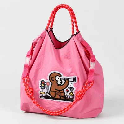 Custom Embroidered Nylon Shoulder Tote Bag Reusable Lightweight Shopping Carry Bag with Cartoon Patch for Travel Daily Use