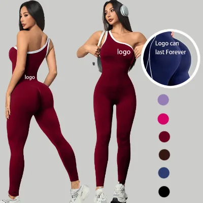Breathable Four-Way Stretch Gym Bodysuit Slim Fit Peach Hip Running Fitness Bodysuit Color Blocking One-Shoulder Yoga Jumpsuit
