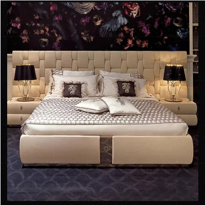 Luxury Modern Royal King Size Soft Bed Storage Frame Italian Leather Upholstery Gold Stainless Steel Legs Oak Wood Bedroom