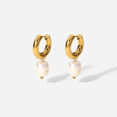 French Style Freshwater Pearl Pendant Earrings Stainless Steel 18K Gold Jewelry Hoop Earrings for Women