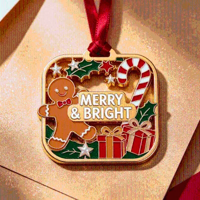 Custom square Logo Gold Metal Christmas Ornaments Corporate Gift Bulk Hanging