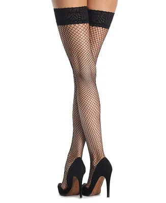 2020 Plus Size and Regular Size Wholesale Women Fashion See Through Fishnet Lace Top Thigh High Black Nylon Stockings