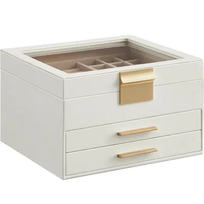 3Layer 8 x 9.1 x 5.3 Inches Glass Lid 2 Drawers White Gold Color Modern Style Jewelry Box Organizer Storage