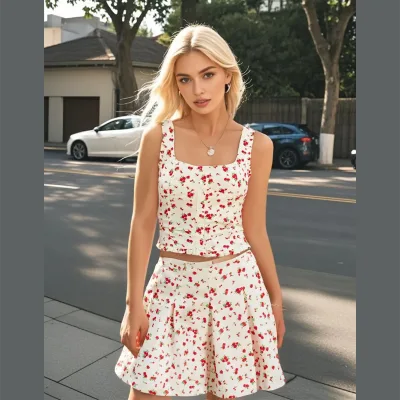 PB&ZA Women's Summer Two-Piece Set Floral Print Pleated Miniskirt with Square Neck and Button Front Sleeveless Top