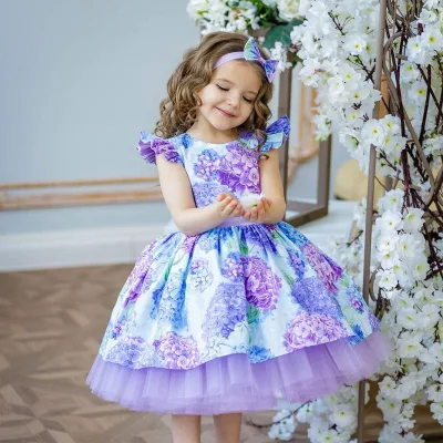 Vintage Style Girl Wedding Dress O-Neck Bow Headband Chic Princess for Summer Party Chiffon Fabric Spring Season Mixed Pattern