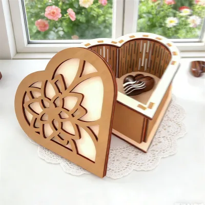Modern Handmade Hollow Heart Wooden Box UV Printing Valentine's Day Decorative Gift Box for Candy Chocolate Trinkets & Keepsakes