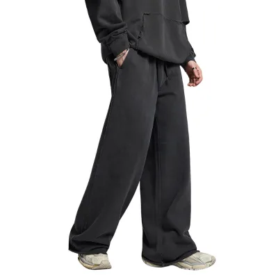 Men's Vintage Washed Distressed Drawstring Loose Straight for Edge Sweatpants Wholesale Autumn French Terry 100% Cotton Mid