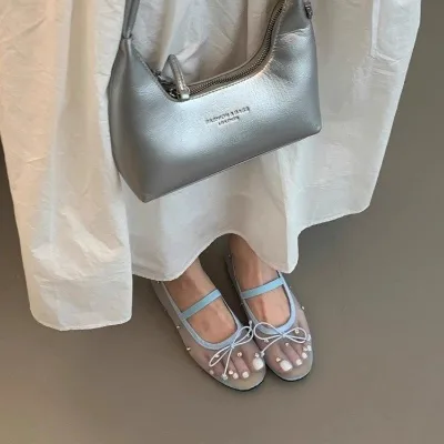 Bowknot Princess Shoes Soft Soles Elegant Mesh Toe Rhinestone Bow Tie Embellishments Sweet Shallow-Cut Flat Summer Shoes Slip-On
