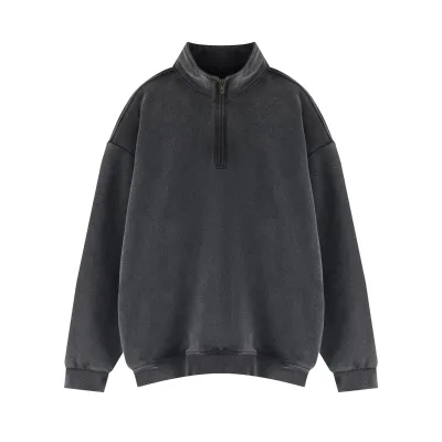 Trendy Brand Heavy-Duty Washed Water 355g 100% Cotton Solid Velvet Men's Stand Collar Zipper for Shirt American Retro Long