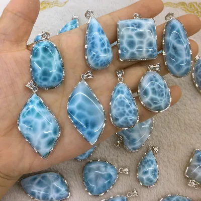 Wholesale Sea Stone Pendant 5A Top Quality Natural Larimar Stone Necklace with 925 Silver Material for Tumble Pendant Jewelry