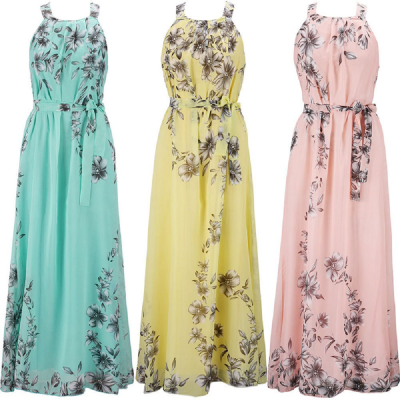Bohemian Clothing With Lining Dress for Women Long Halter Chiffon Floral Dresses