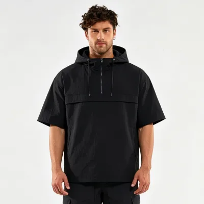 Men's Half Zip Short Sleeve Hoodie Pullover,Loose Fit Thin Quick Dry for Sports Outdoor Casual Daily Wear,Support Custom Logo