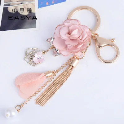 Korean-style Fresh Chic Metal Fabric Small-flower Tassel Car Keychain Creative Bag Pendant Exquisite Ornament Individually
