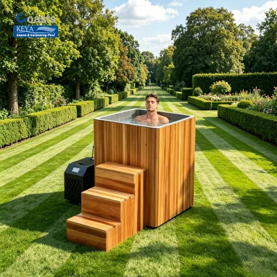 Outdoor Ice Bath Tub with Elevated Deep Soaking Structure Cedar Panels and Cold Water Therapy System