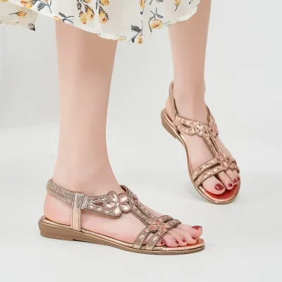 Customized Crystal PU Gladiator Sandals for Women, Summer Roman Flat Sandals with Stylish Design with Private Label