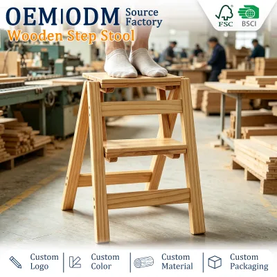 Wooden Step Stool Folding Step Ladder Household Solid Pine Wood Portable Compact Design Anti Slip Footrest For Home Kitchen Use