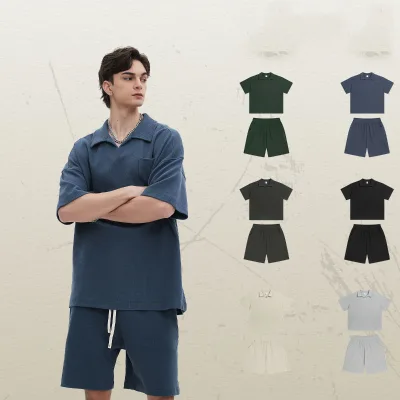 Men T-Shirt Sets 2024 Breathable Waffle Oversize Shorts T Shirt Set With Logo Print Men's T-Shirts Shorts Set Plain
