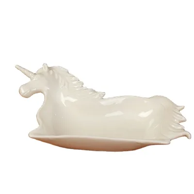 Creative 3D Unicorn Horse Shape Dessert Plate Cute Porcelain Fruit Platter for Breakfast Serving Tray for Bread Butter Beverages