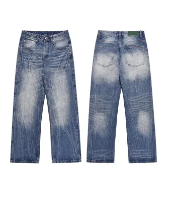 Custom Plus Size High Street Vintage Denim Jeans for Men Loose Fit Retro Style Washed Technique for Autumn and Spring Season