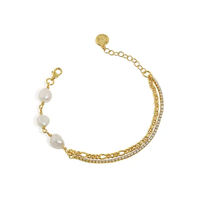Pearl Figaro and Cup Chain Double Layered Bracelet 925 Sterling Silver Bracelets for Women Girls