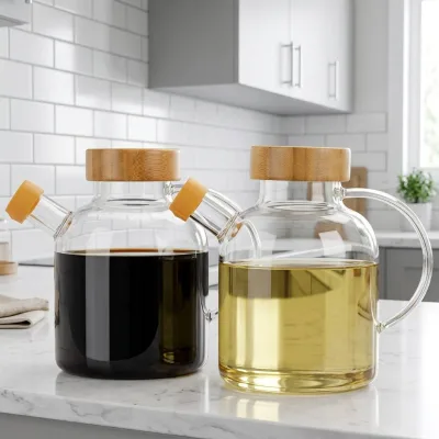 Artisan Custom Logo High Borosilicate Crystal Hand Blown Airtight Transparent Oil Bottle with Lid for Kitchen Vinegar Use