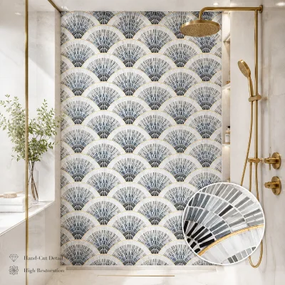 Luxury Iridescent Sector Glass Mosaic Custom Fan Shaped Scalloped Stained Glass Tile for Bar Club Hotel Lobby Background Decor