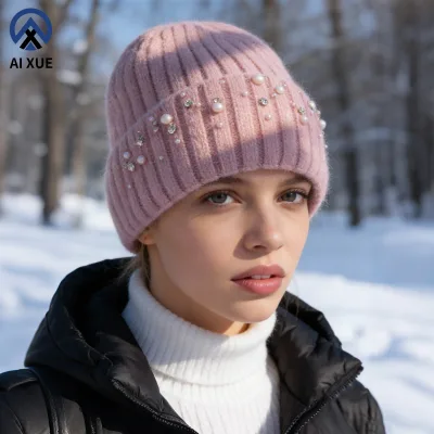 16 Years Hat Factory Custom Logo Beanie Rabbit Fur Blend Knitted Cap Common Rhinestone Women's Soft Warm Autumn Winter Outdoor